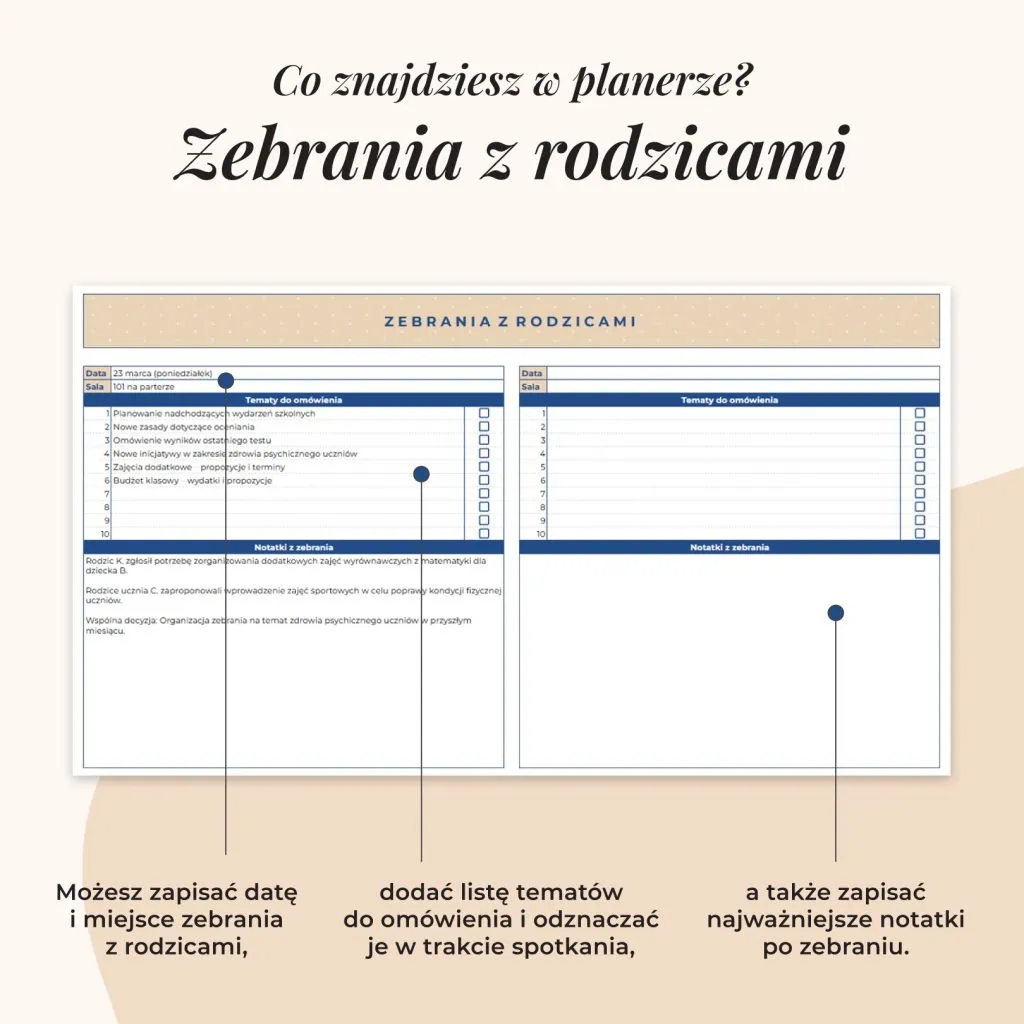 Planer wychowawcy – Arkusz Google | Zakładka zebrania z rodzicami