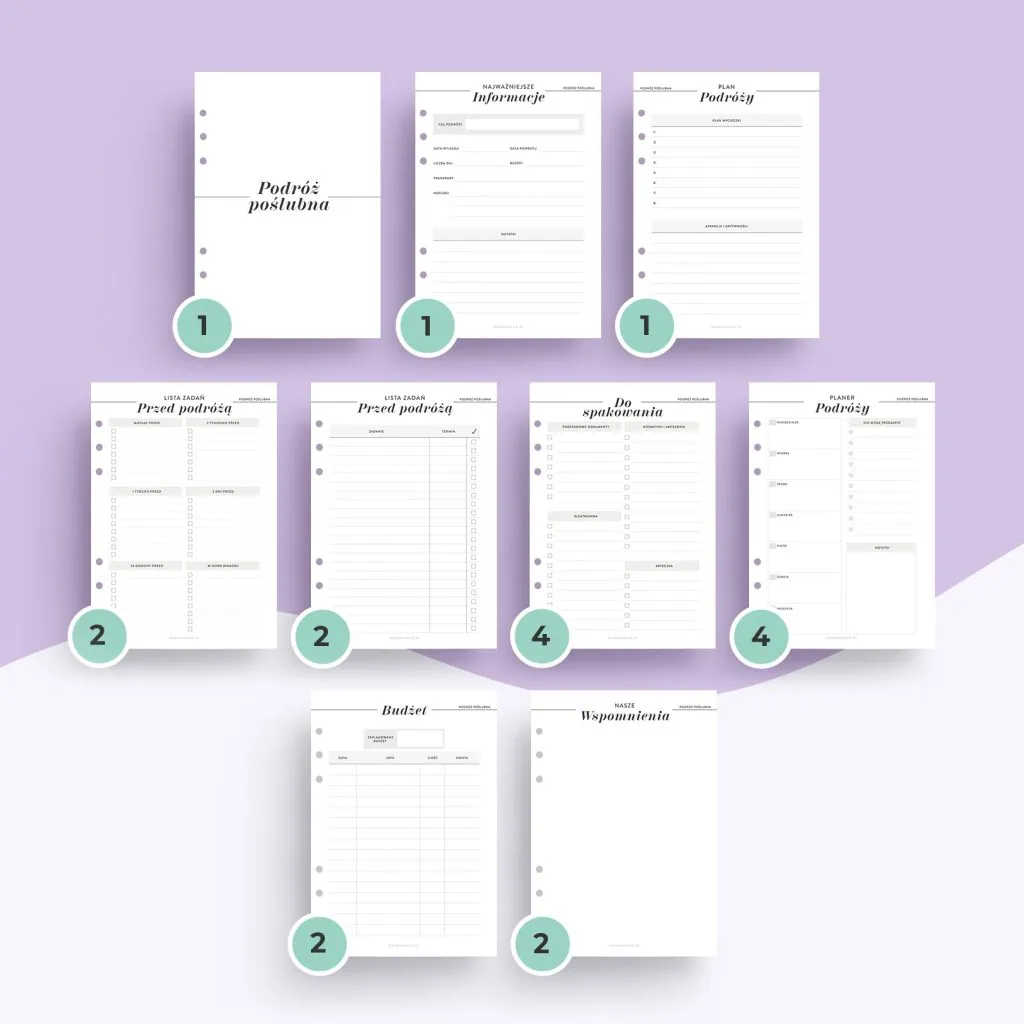 Podróż poślubna - wkład do organizera | Szablony