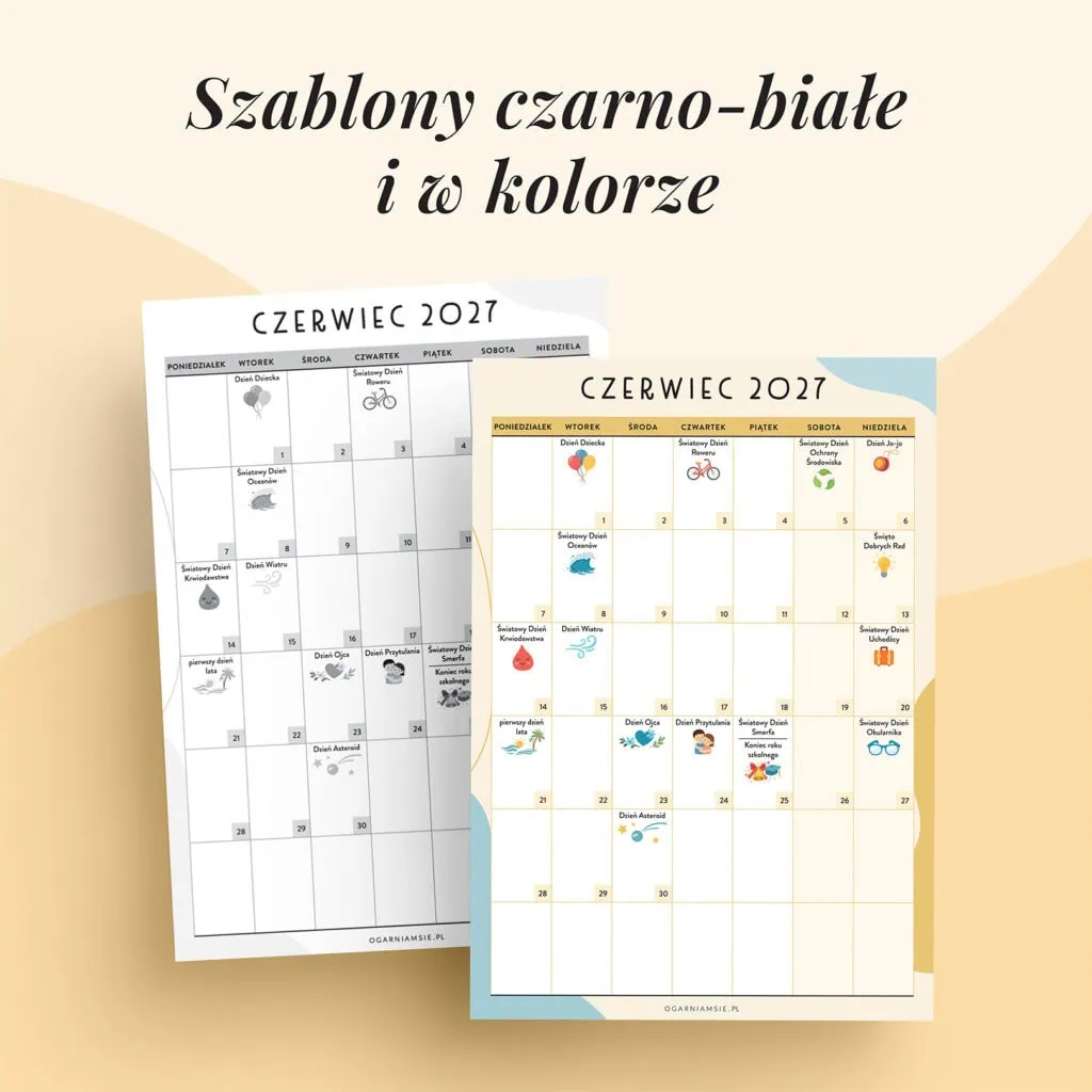 Kalendarz świat nietypowych - czerwiec 2027 | Szablony do druku w kolorze i czarno-białe