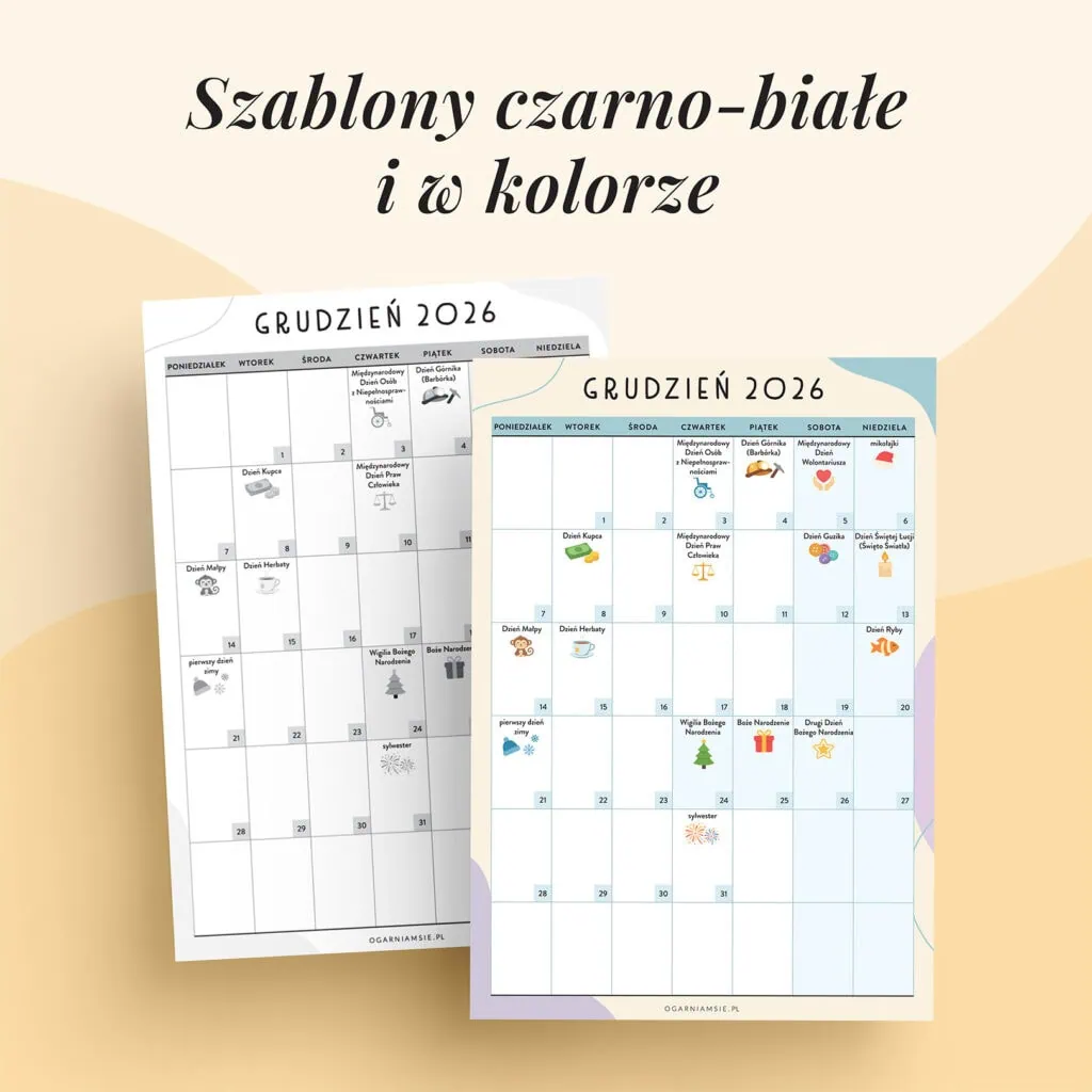 Kalendarz świat nietypowych - grudzień 2026 | Szablony w kolorze i czarno-białe