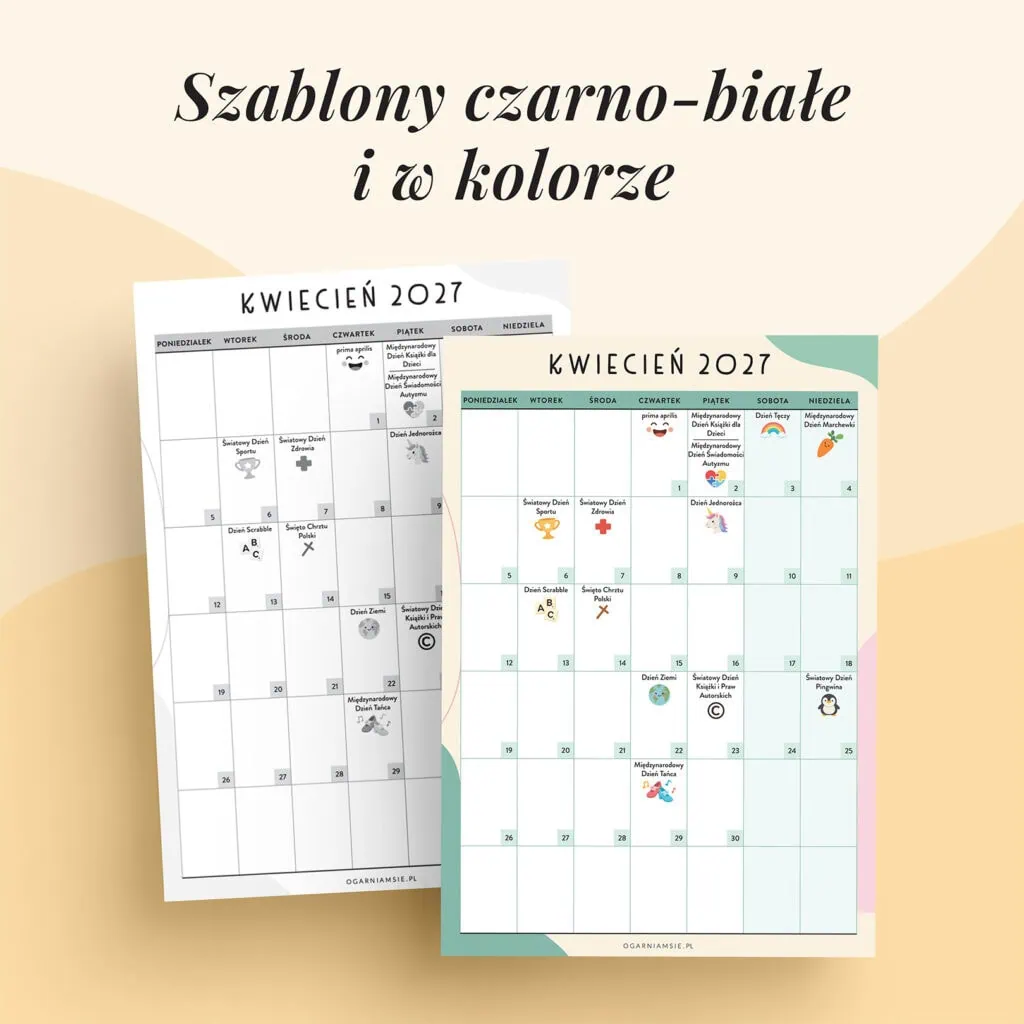 Kalendarz świat nietypowych - kwiecień 2027 | Szablony czarno-białe i w kolorze
