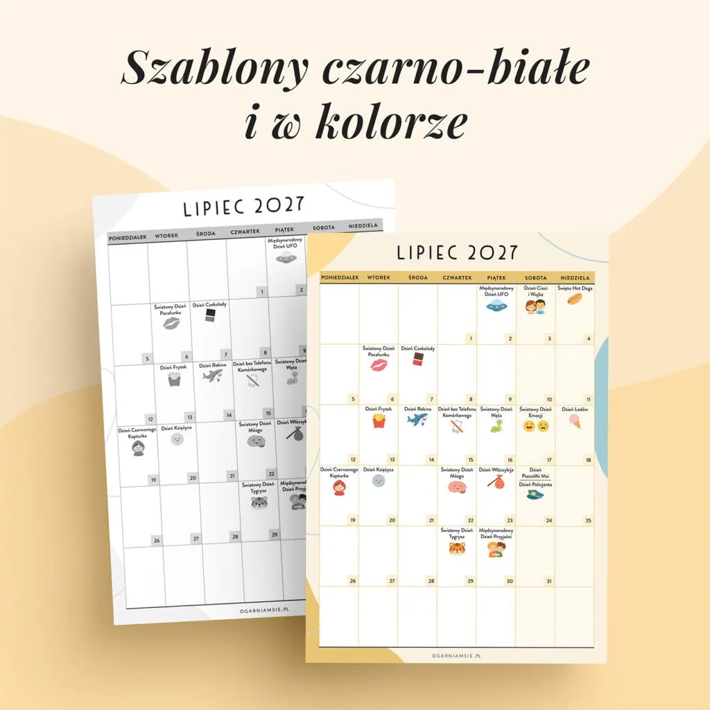 Kalendarz świat nietypowych - lipiec 2027 | Szablony w kolorze i czarn-białe