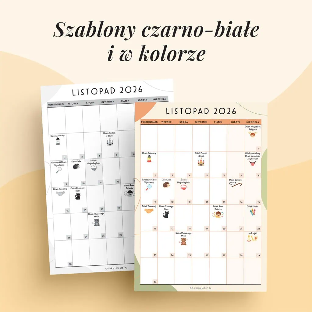 Kalendarz świat nietypowych - listopad 2026 | Szablony w kolorze i czarno-białe