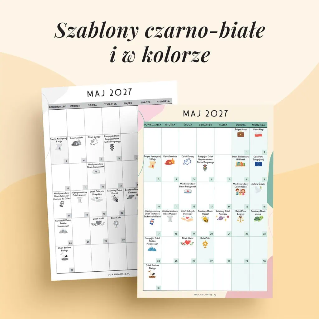 Kalendarz świat nietypowych - maj 2027 | Szablony w kolorze i czarno-białe