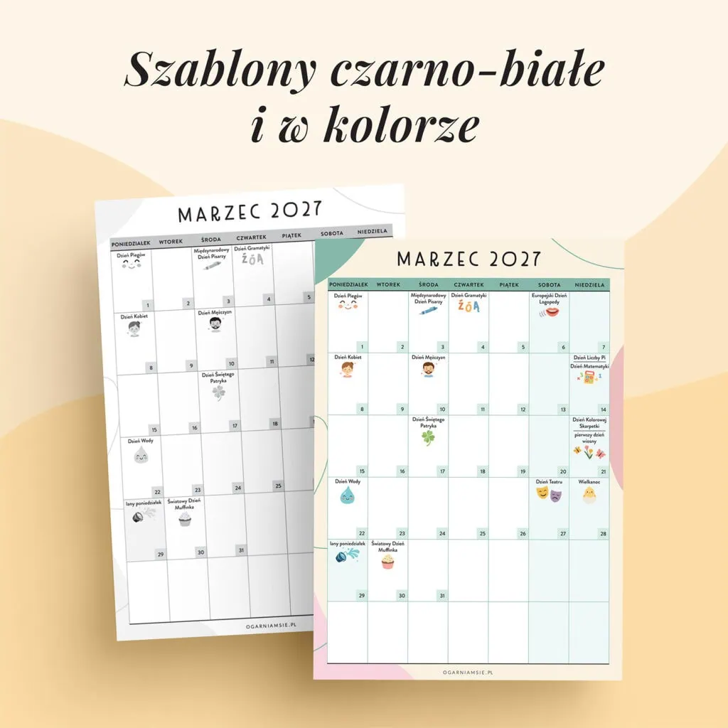 Kalendarz świat nietypowych - marzec 2027 | Szablony w kolorze i czarno-białe