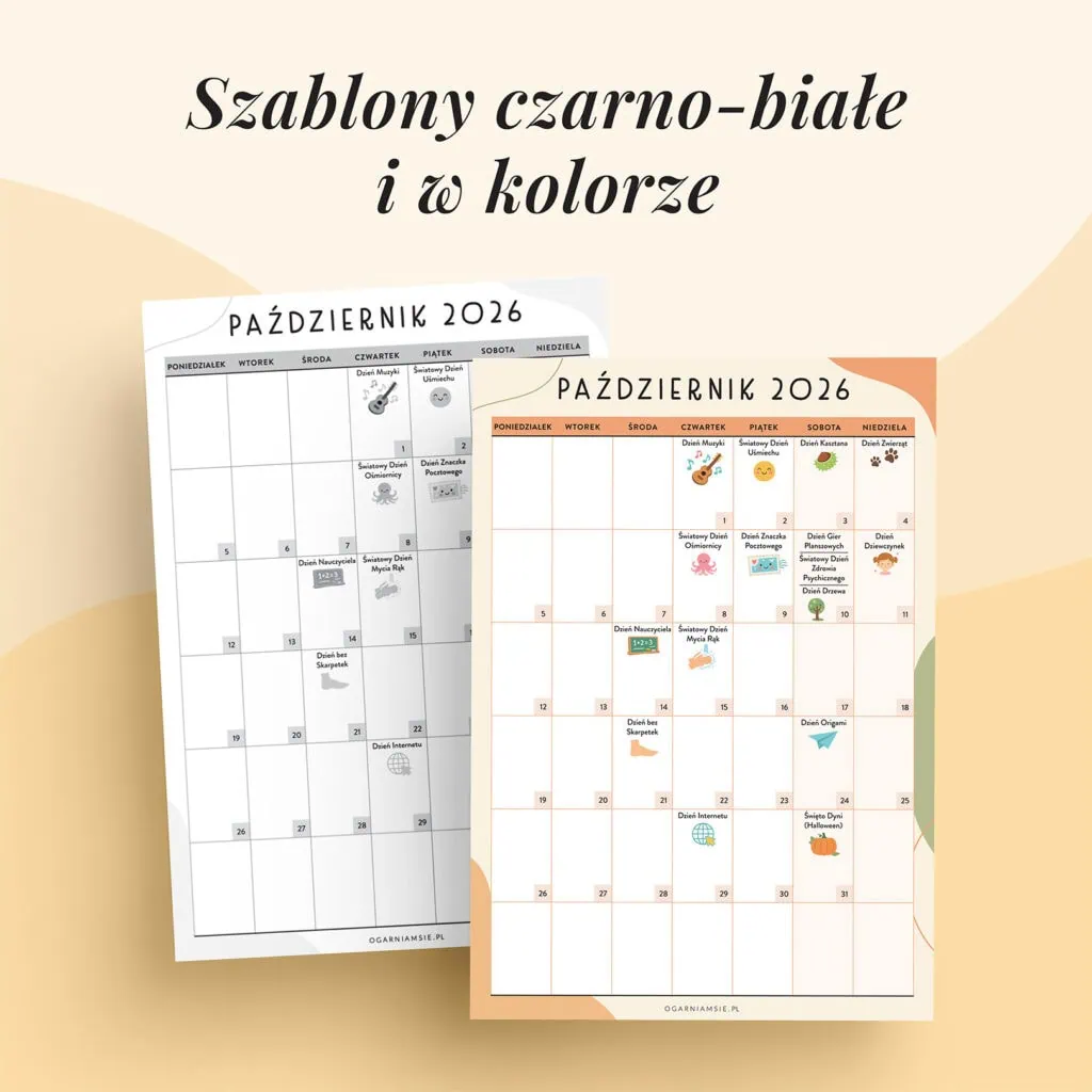 Kalendarz świat nietypowych - październik 2026 | Szablony w kolorze i czarno-białe