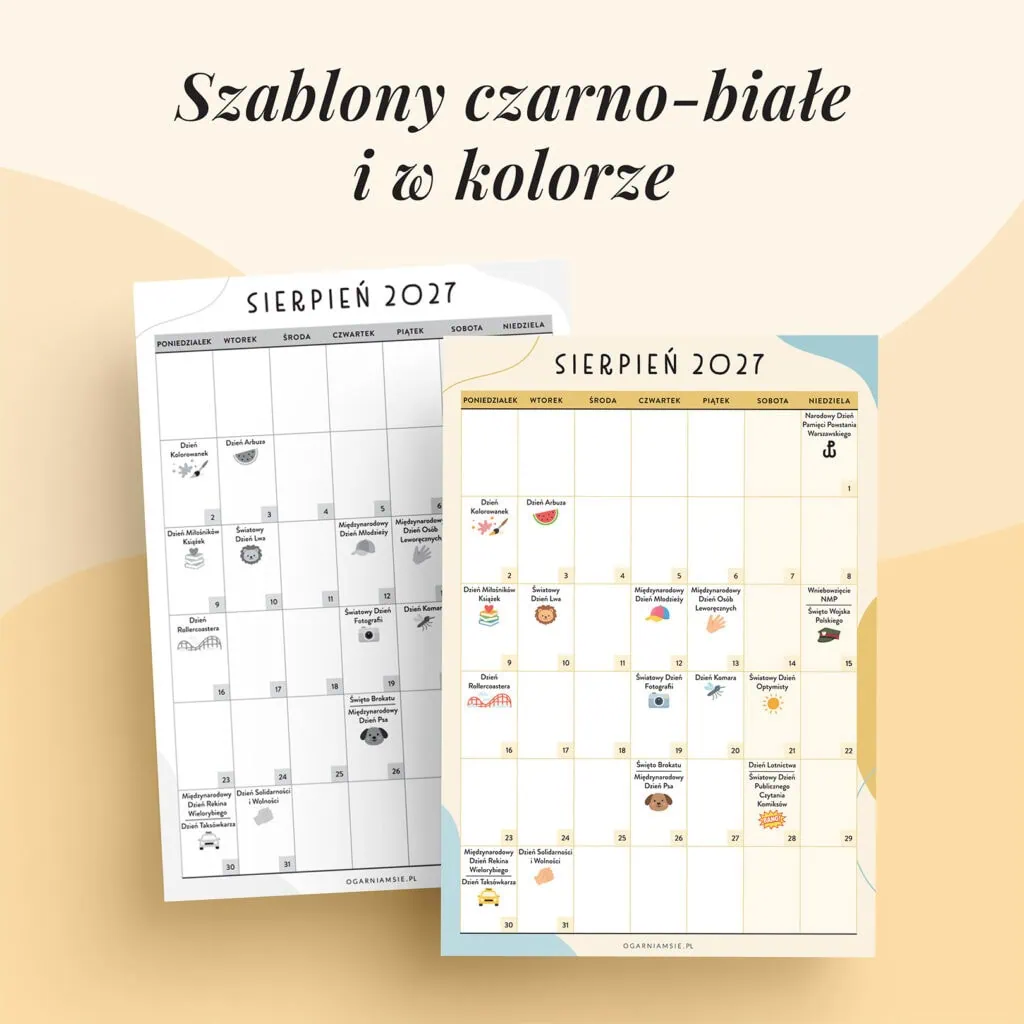 Kalendarz świat nietypowych - sierpień 2027 | Szablony w kolorze i czarno-białe