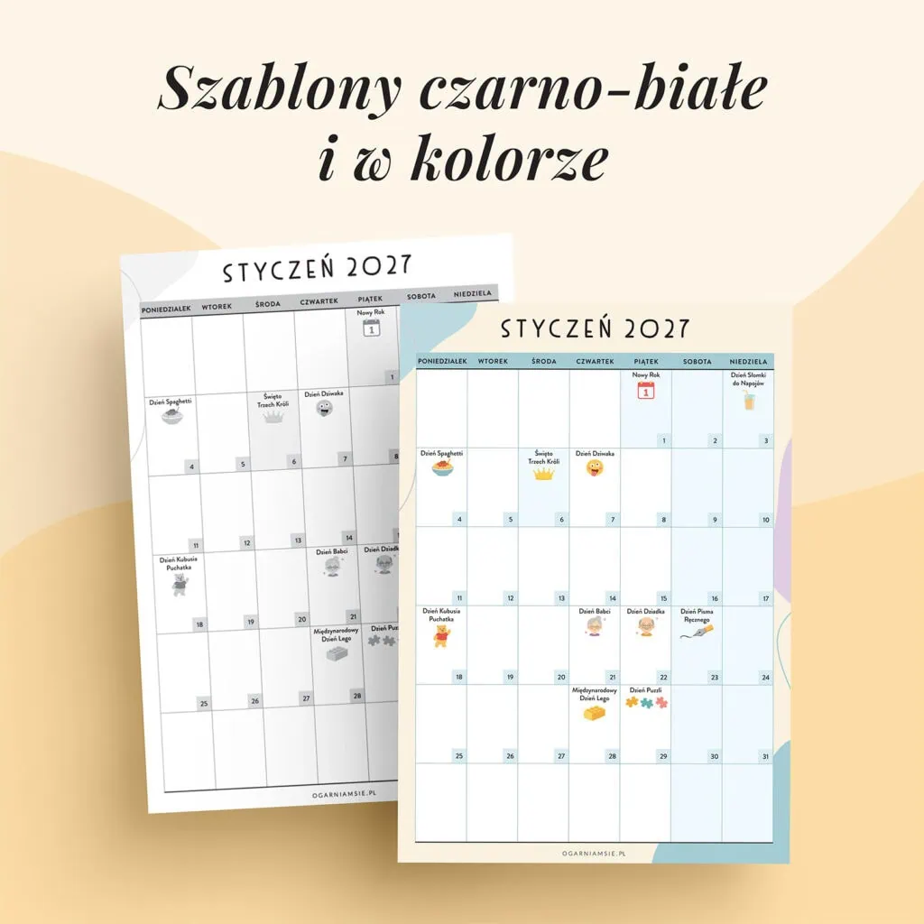 Kalendarz świat nietypowych - styczeń 2027 | Szablony w kolorze i czarno-białe