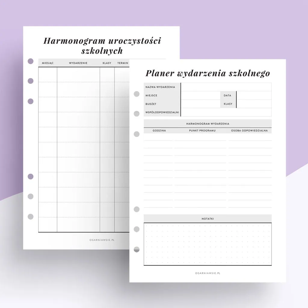 Planer wydarzenia szkolnego – wkład do organizera