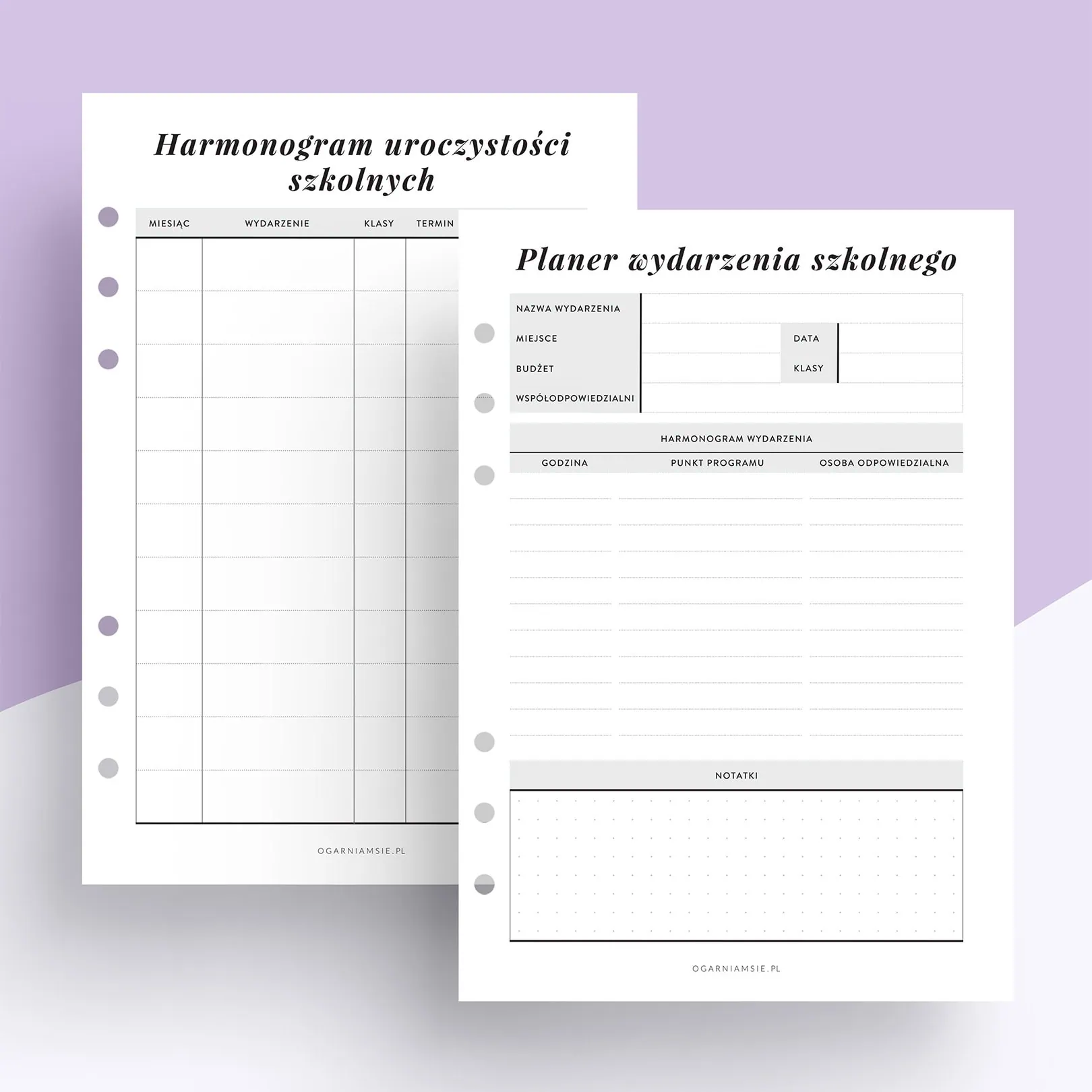 Planer wydarzenia szkolnego – wkład do organizera