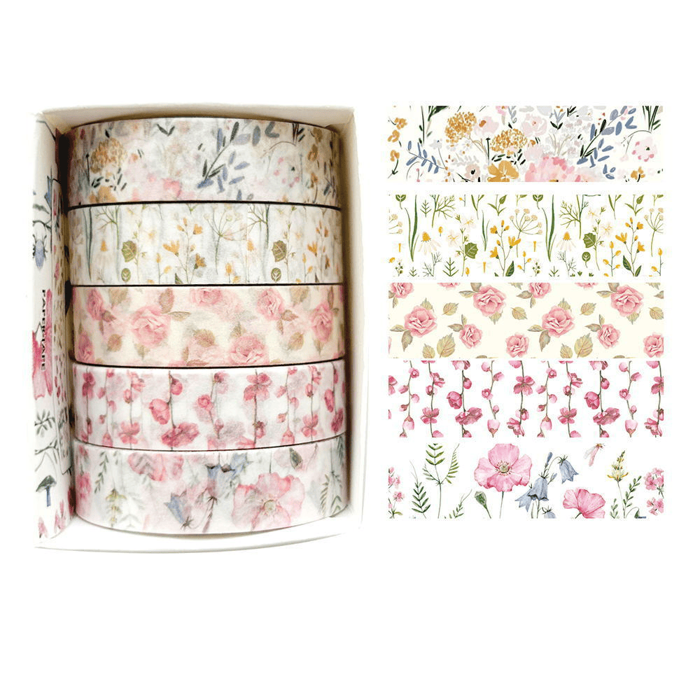 Taśma dekoracyjna | Washi tape „Kwiatowa łąka” – zestaw 5 szt.