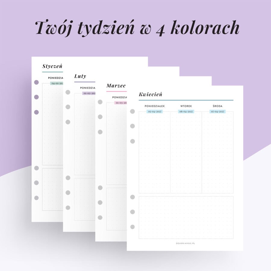Kolorowy wkład do organizera 2027 | Tydzień na dwóch stronach w pionie w 4 kolorach