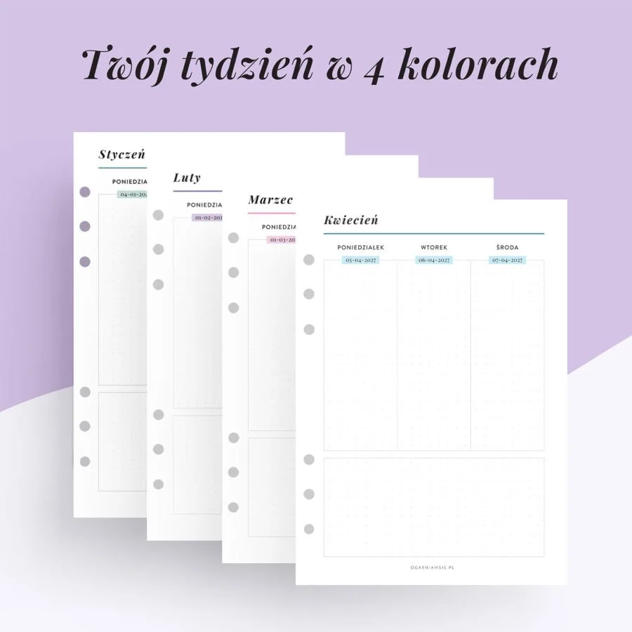 Kolorowy wkład do organizera 2027 | Tydzień na dwóch stronach w pionie w 4 kolorach