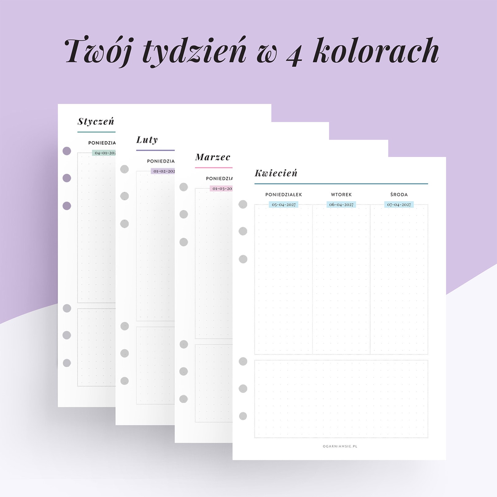 Kolorowy wkład do organizera 2027 | Tydzień na dwóch stronach w pionie w 4 kolorach