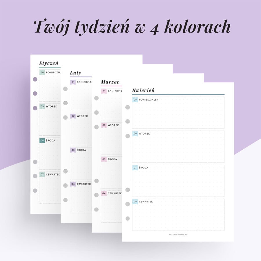 Kolorowy wkład do organizera 2027 | Tydzień na dwóch stronach w poziomie w 4 kolorach