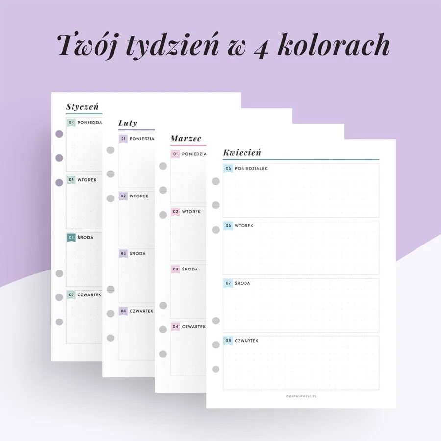 Kolorowy wkład do organizera 2027 | Tydzień na dwóch stronach w poziomie w 4 kolorach