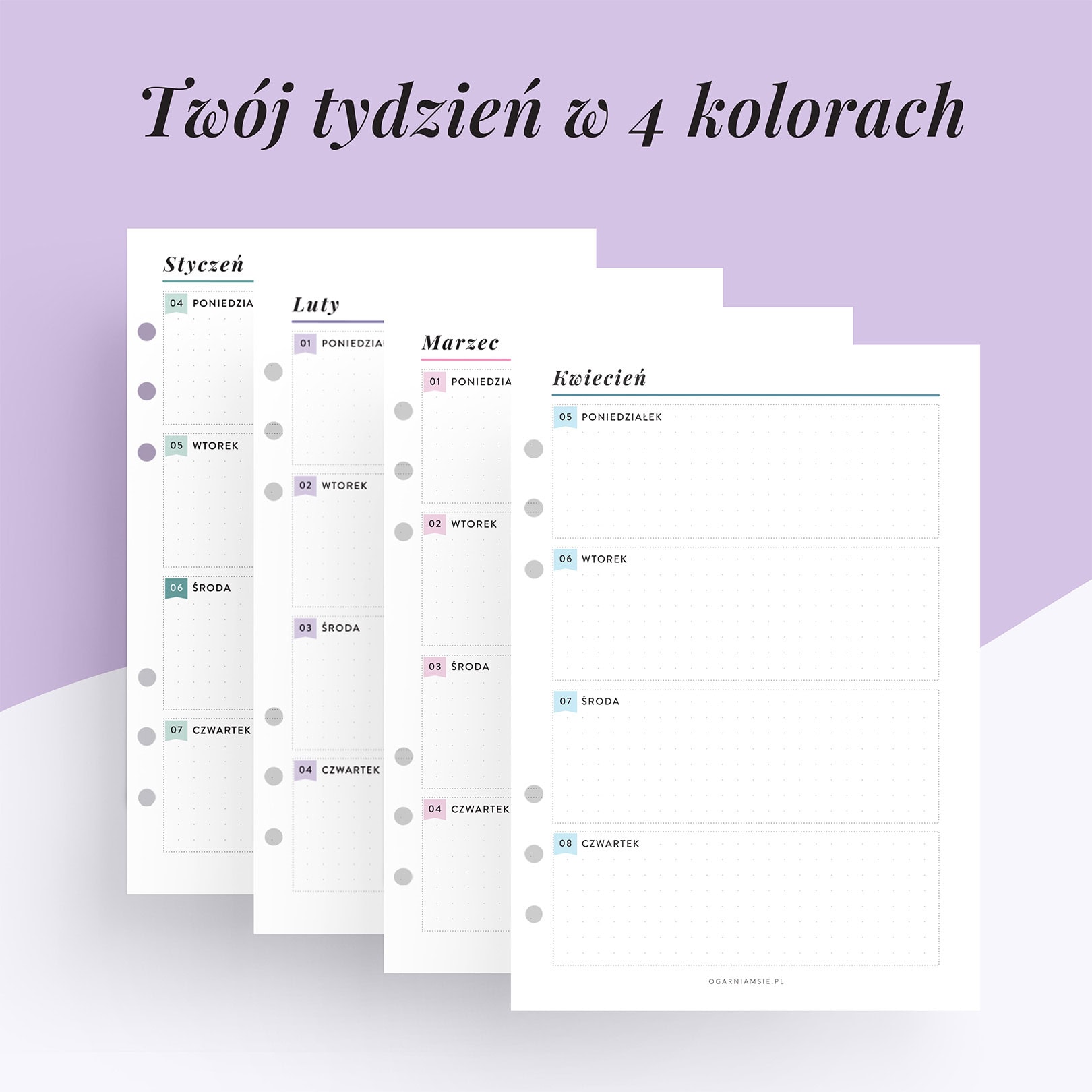 Kolorowy wkład do organizera 2027 | Tydzień na dwóch stronach w poziomie w 4 kolorach