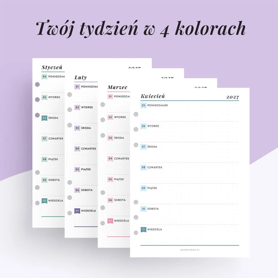 Kolorowy wkład do organizera 2027 | Tydzień na jednej stronie w 4 kolorach