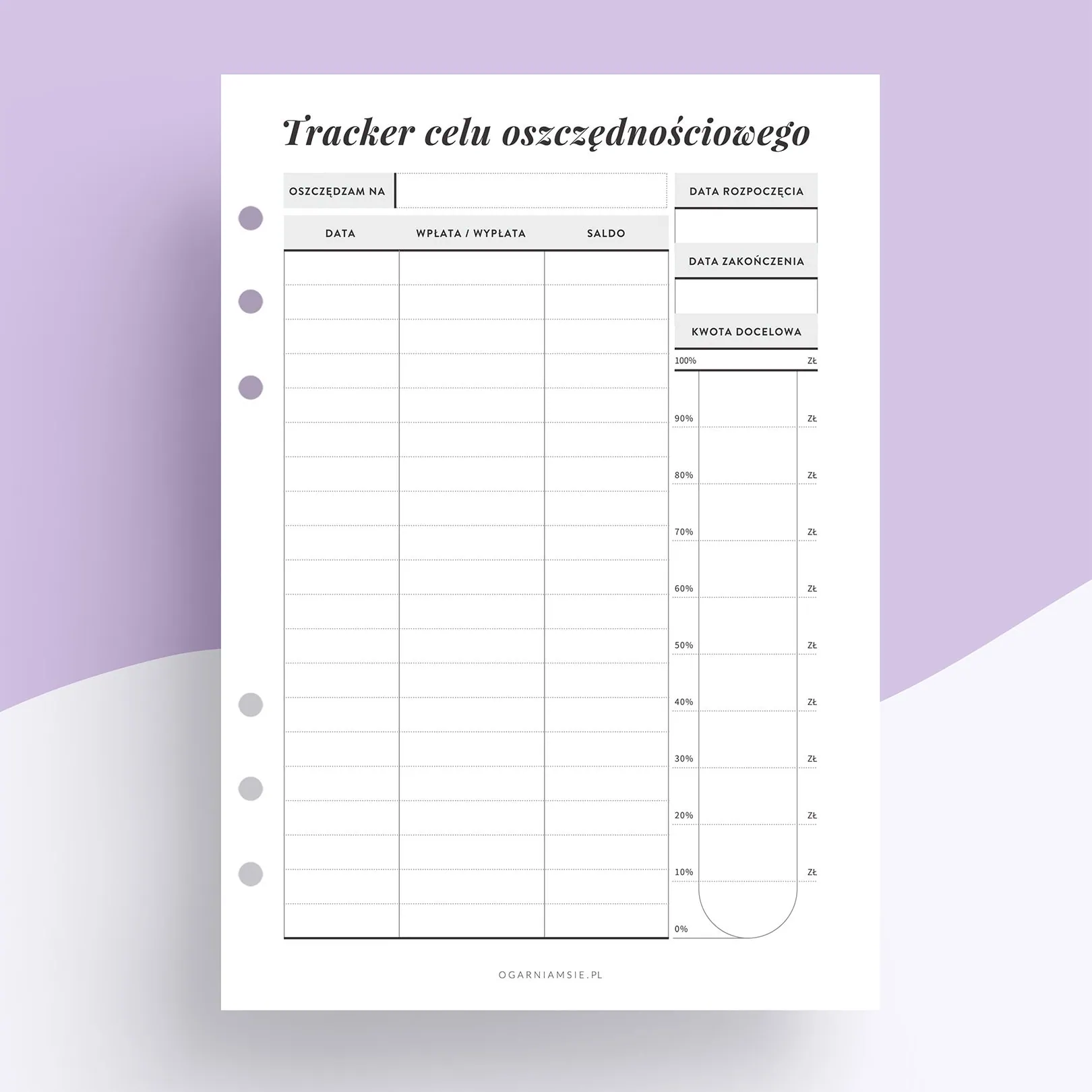 Tracker celu oszczędnościowego - wkład do organizera